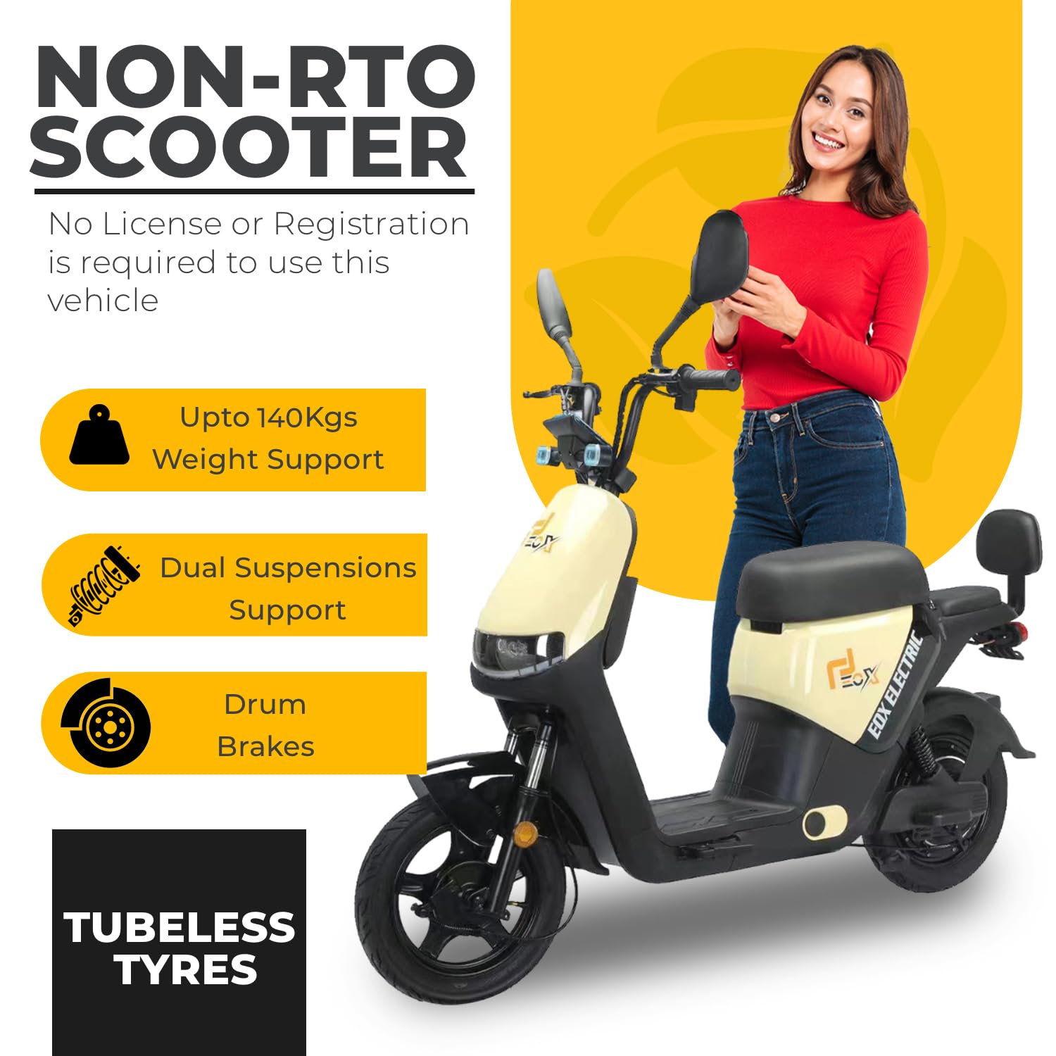 EOX OLO Low Speed Electric Scooter Non RTO with 45Km Mileage, Pastel Yellow & Black Portable Lithium Battery & Charger - Image 4