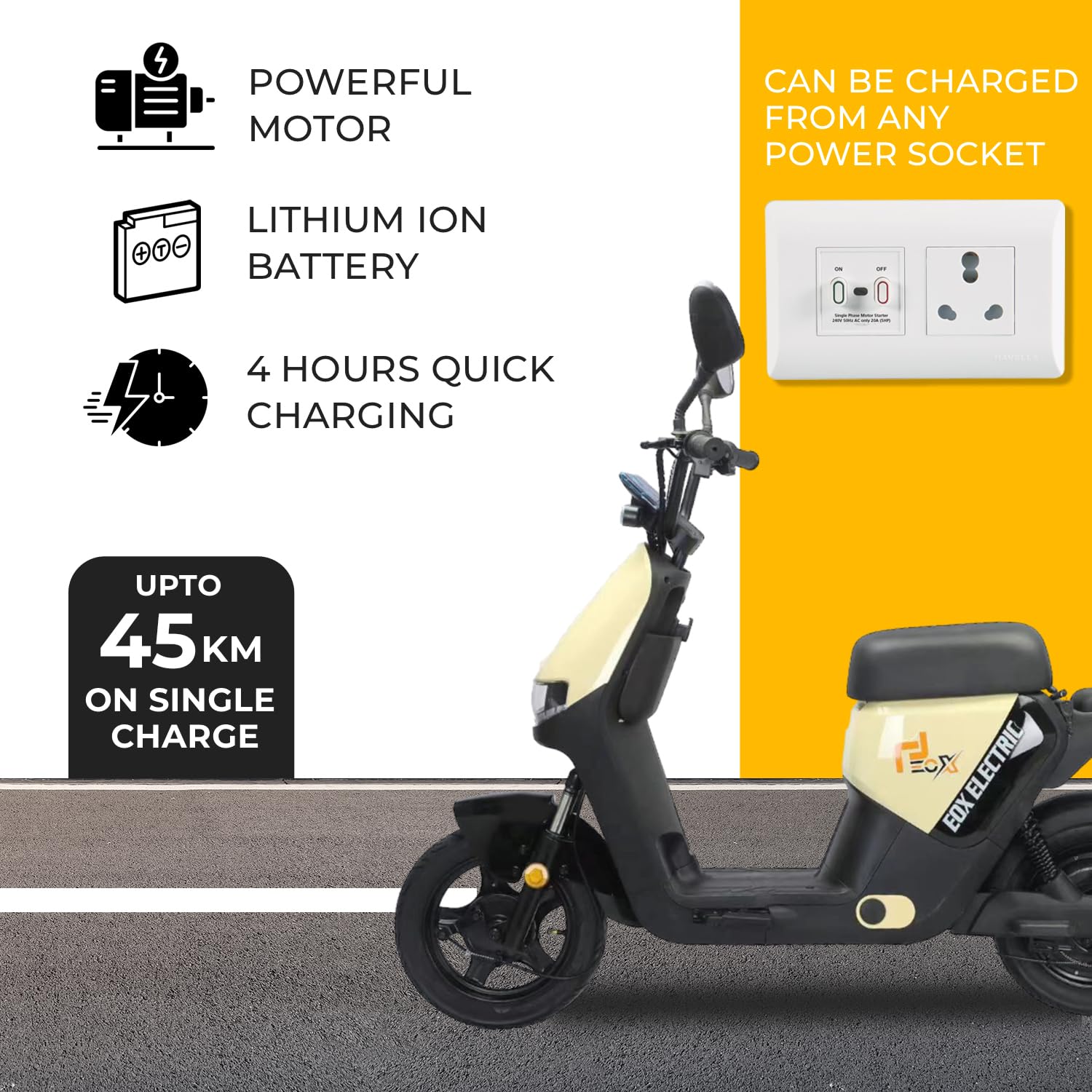 EOX OLO Low Speed Electric Scooter Non RTO with 45Km Mileage, Pastel Yellow & Black Portable Lithium Battery & Charger - Image 5
